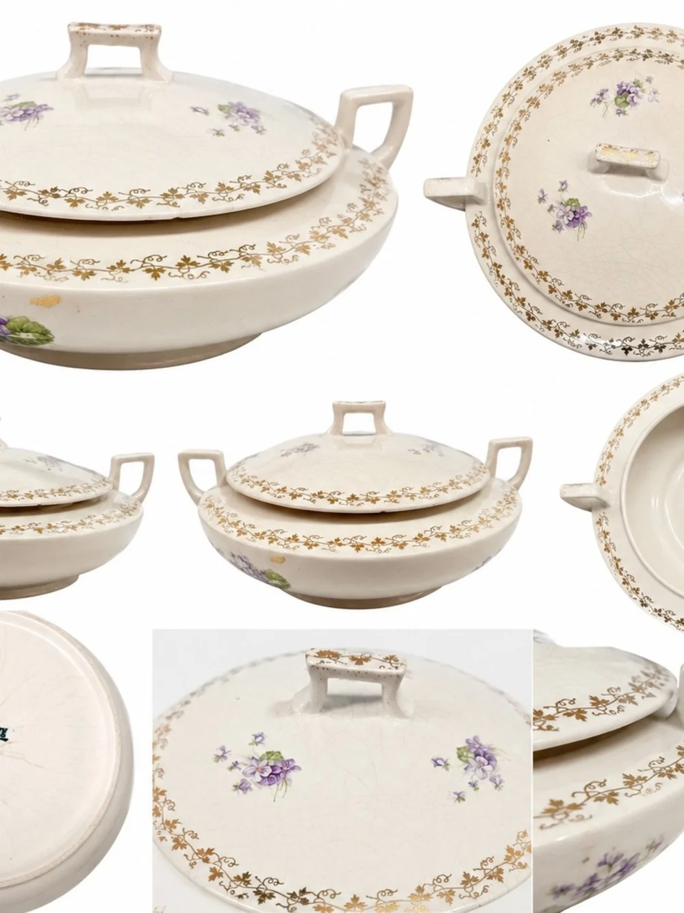Vintage Floral Covered Serving Bowl - Cream with Purple Violets